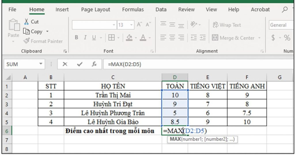 Hàm MAX trong Excel